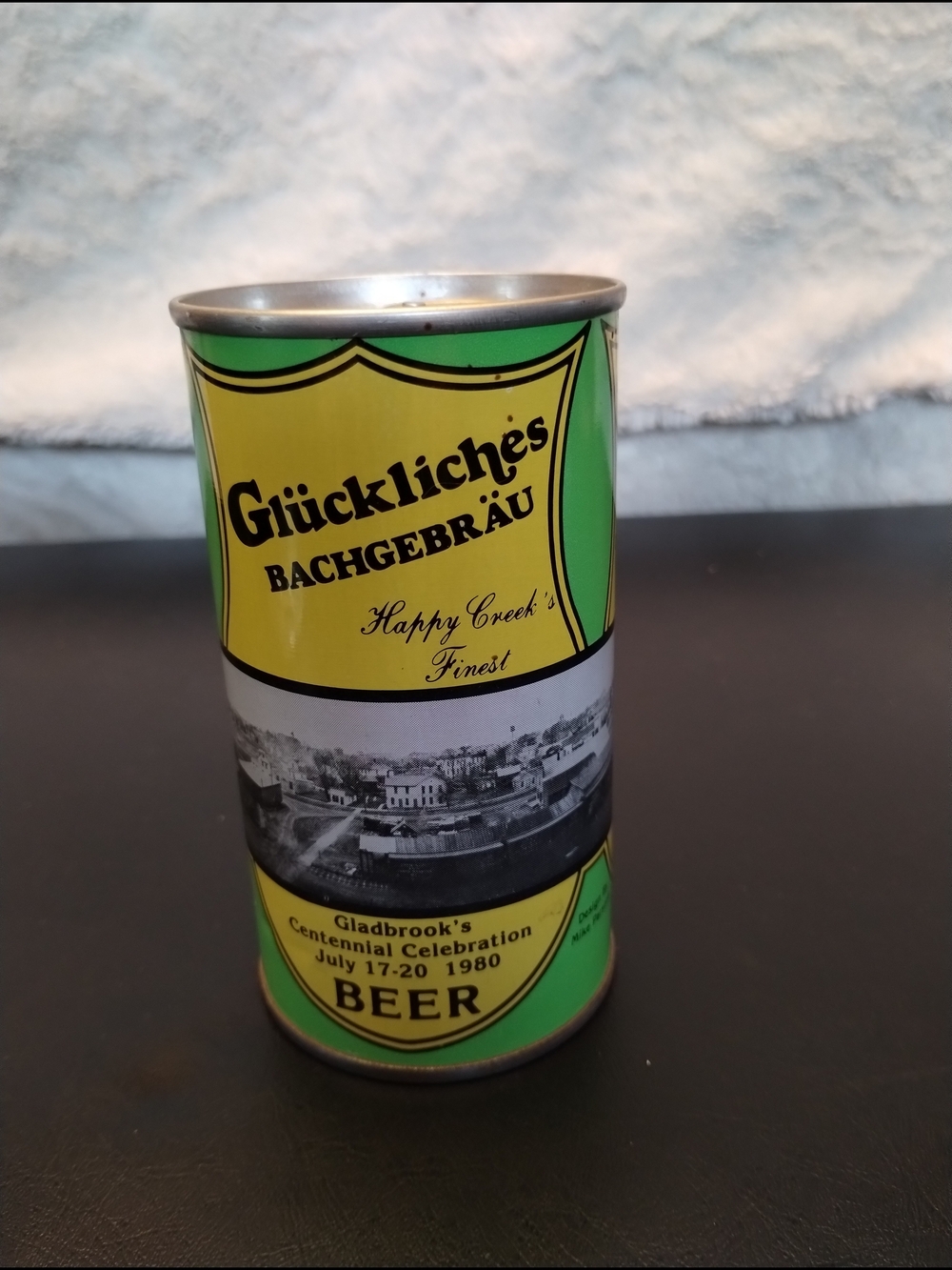 Glücklich's Bachgebrau Vintage Beer Yellow & Green 1980 And Hawkeye Beer Can